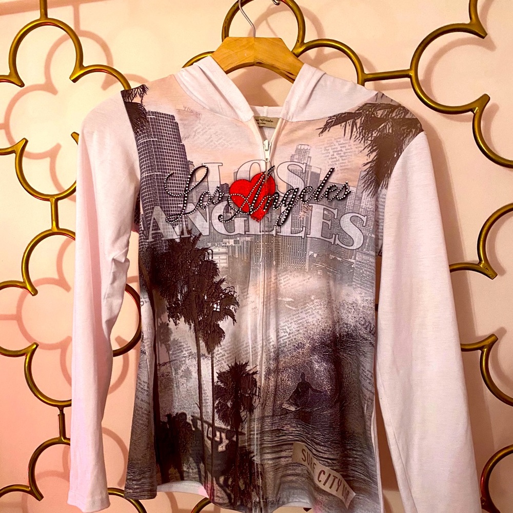 White Los Angeles Palm Graphic Crystal Hoodie S